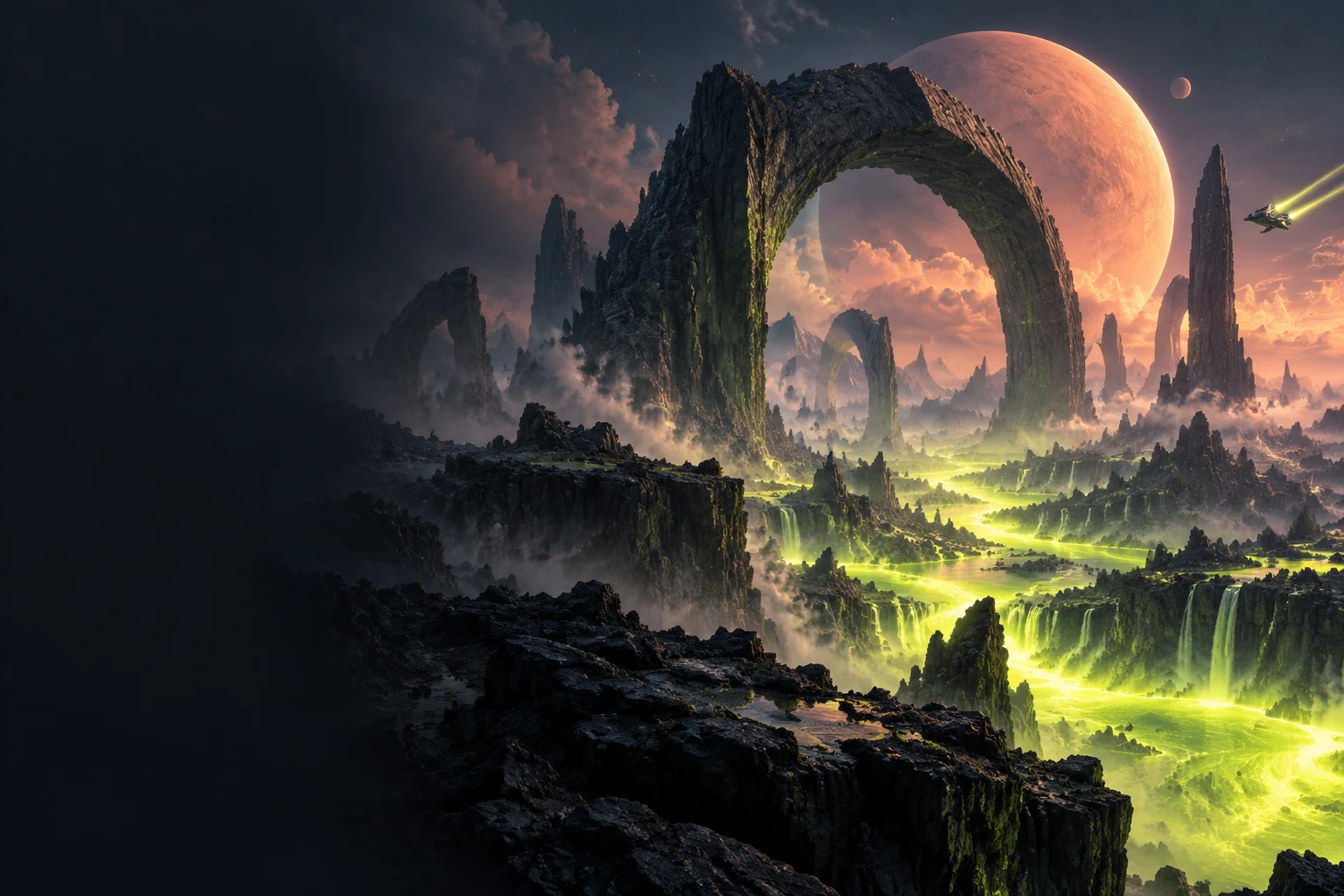An original spacecraft crossing a luminous alien landscape